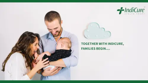 A joyful and diverse family playing with their baby. A tagline at the bottom of the image reads, "Together with IndiCure, families begin...," symbolizing the successful and happy outcome of a fertility journey. A joyful and diverse family playing with their baby. A tagline at the bottom of the image reads, "Together with IndiCure, families begin...," symbolizing the successful and happy outcome of a fertility journey.